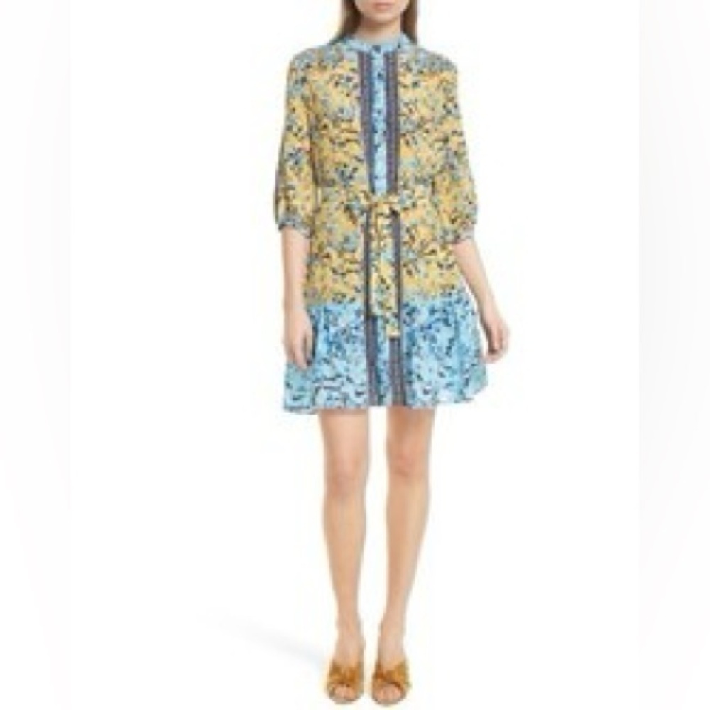 Saloni Tyra Print Silk Fit Flare Mini Dress 1/2 Sleeve Sheer Lightweight Spring